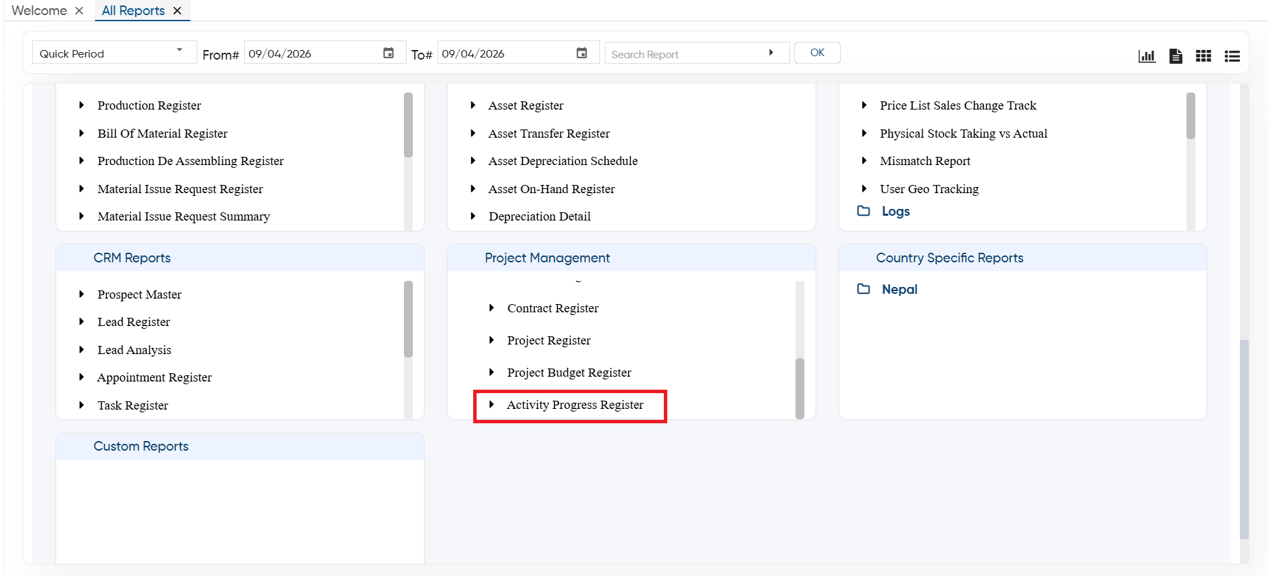 Activity Progress Register