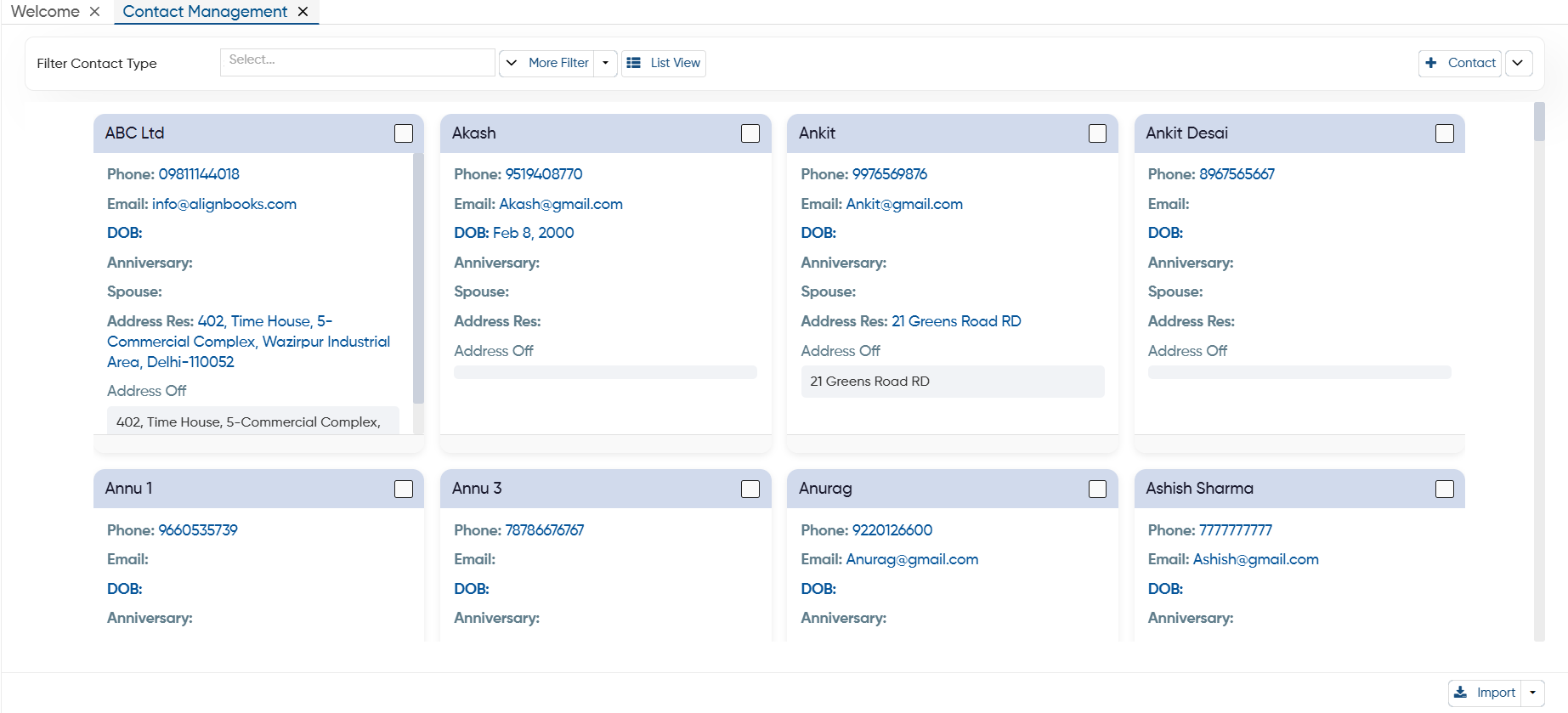 Contact Management Page Contact Management