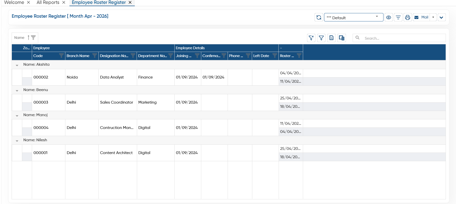 Employee Roster Register