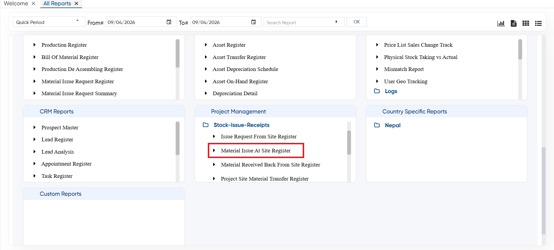 Material Issue At Site Register