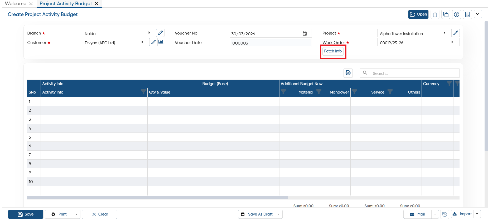 Project Activity Budget